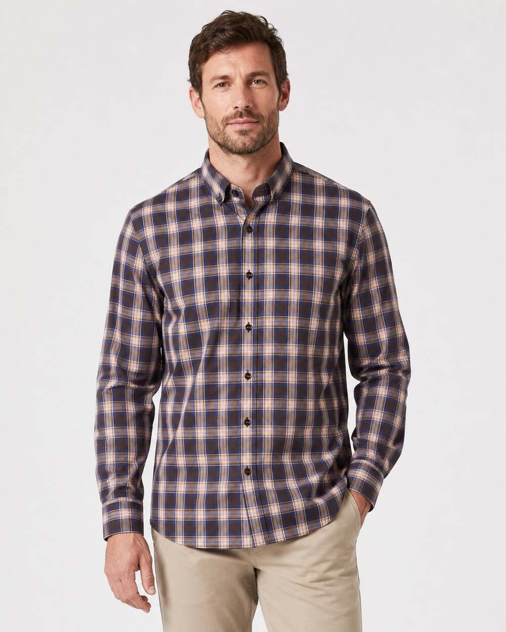 7 Diamonds Men Large Plaid Button Down Shirt Brown Blue 100% Cotton Long Sleeve